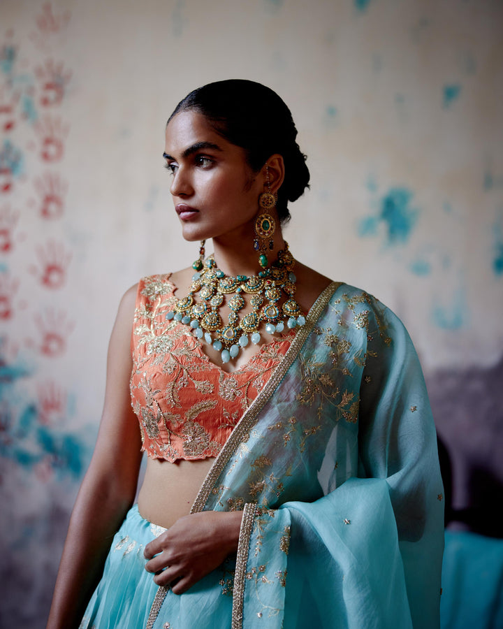 powder blue brocade lehenga set