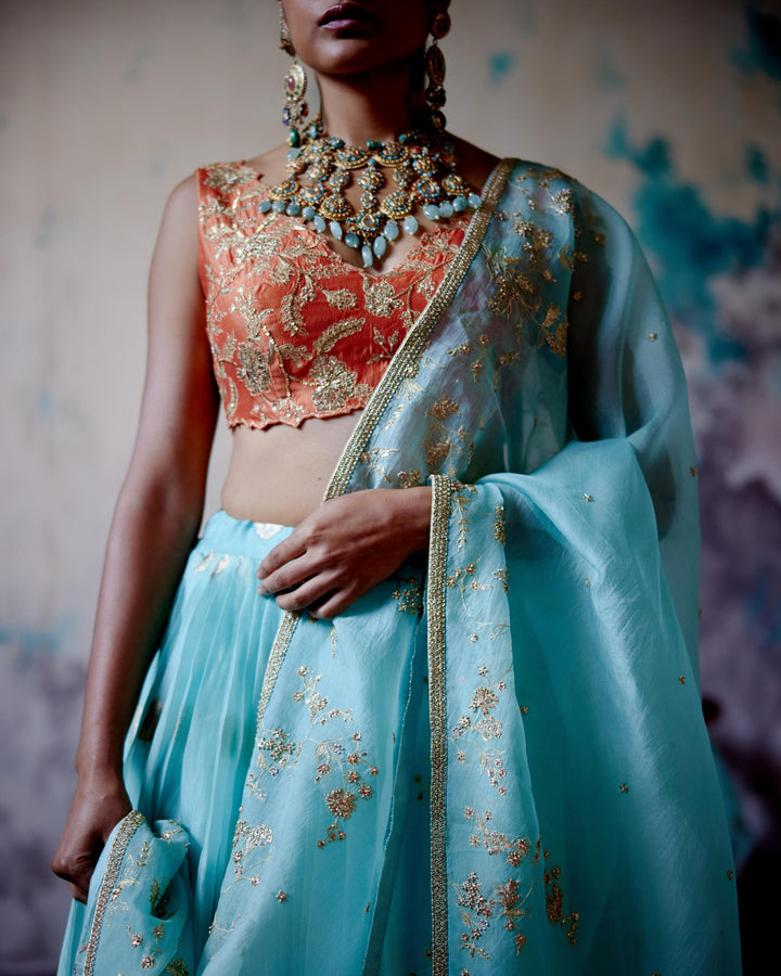 powder blue brocade lehenga set