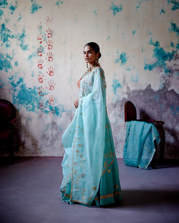 powder blue brocade lehenga set