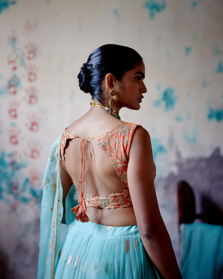 powder blue brocade lehenga set