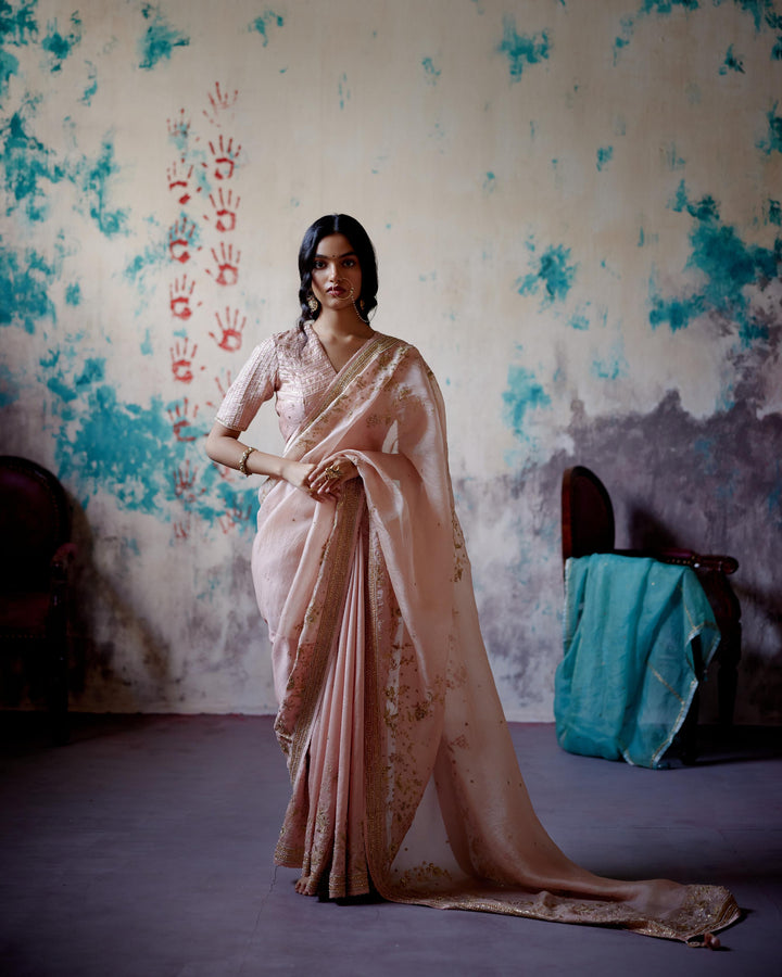soft peach jaal embroidered saree with blouse