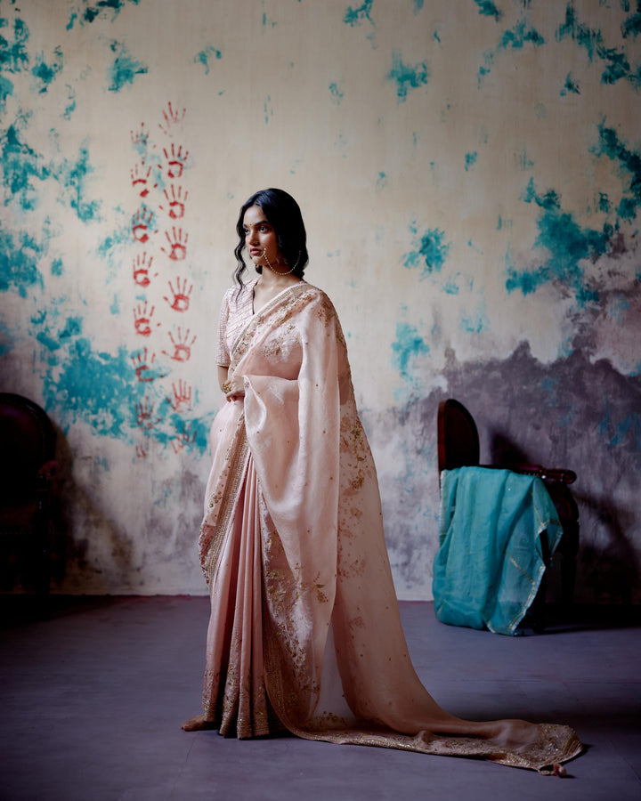 soft peach jaal embroidered saree with blouse