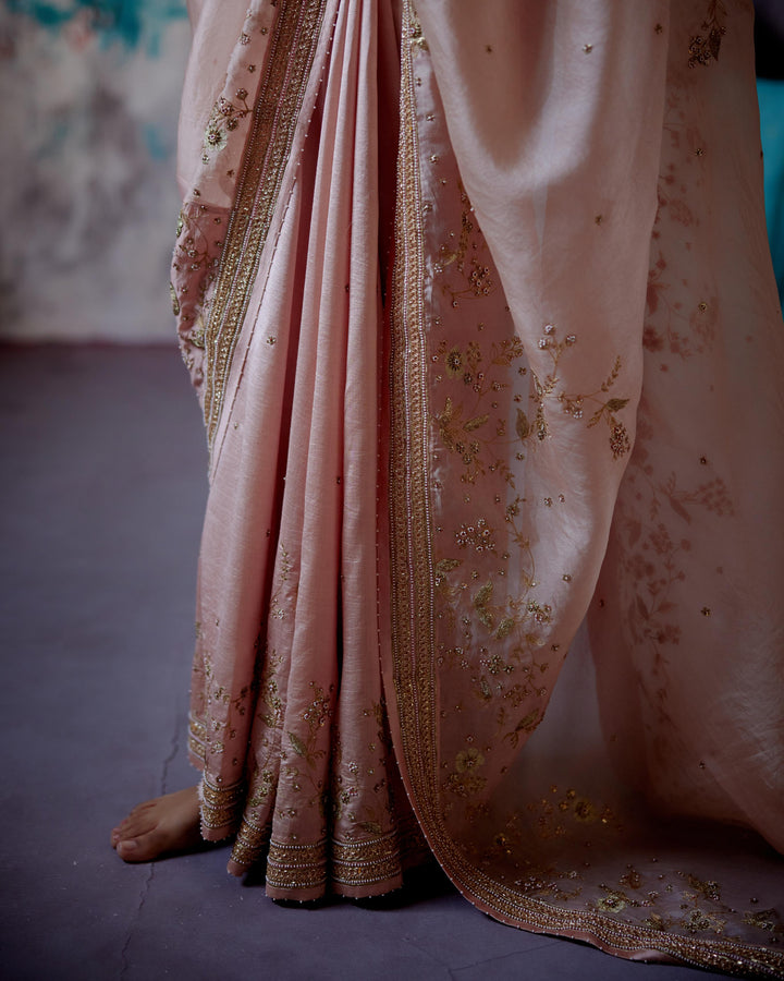 soft peach jaal embroidered saree with blouse
