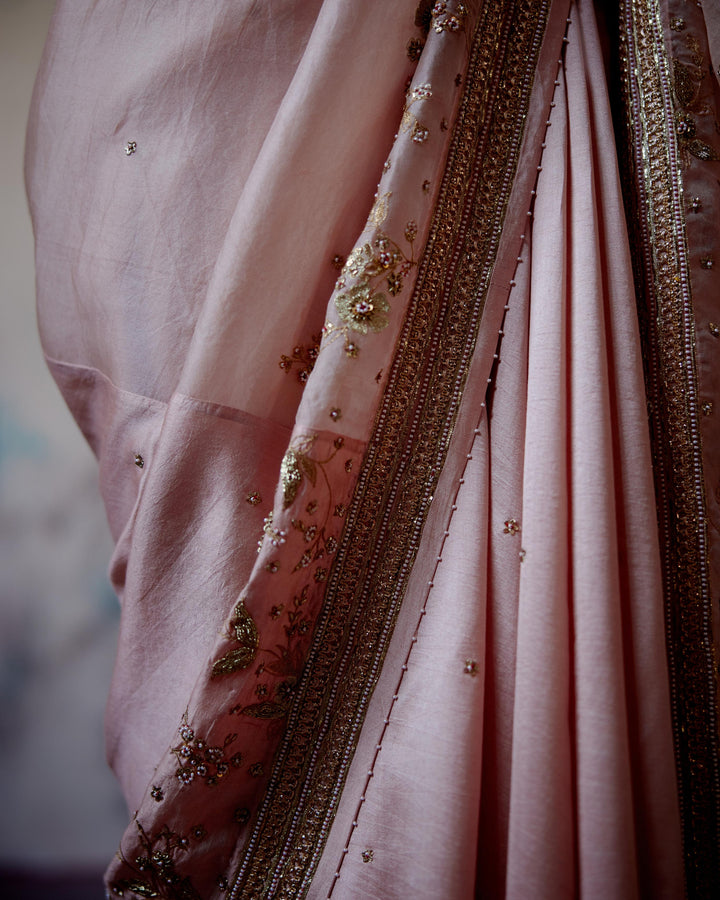 soft peach jaal embroidered saree with blouse