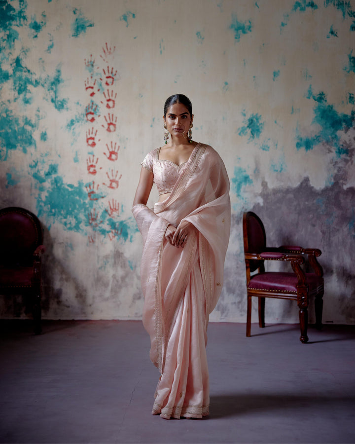 soft peach half and half saree with mega sleeve blouse