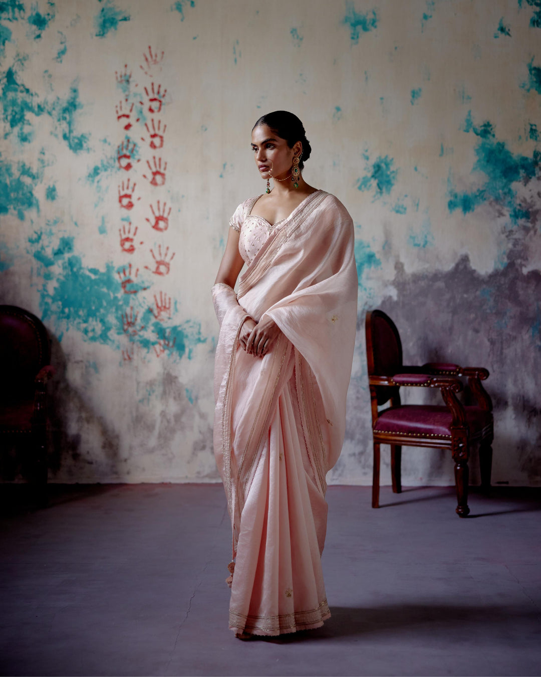 soft peach half and half saree with mega sleeve blouse