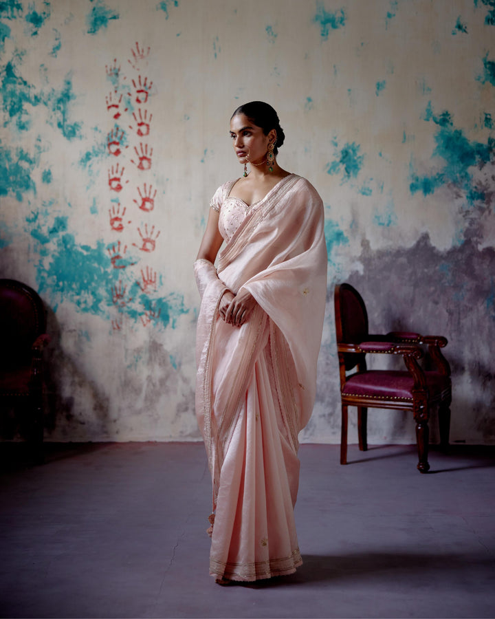 soft peach half and half saree with mega sleeve blouse