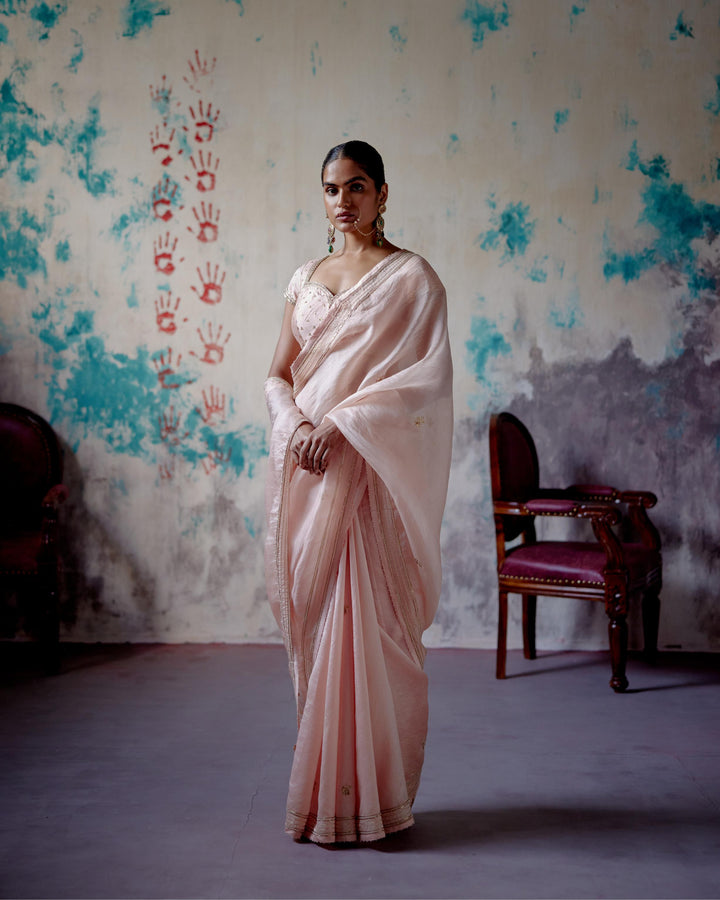 soft peach half and half saree with mega sleeve blouse
