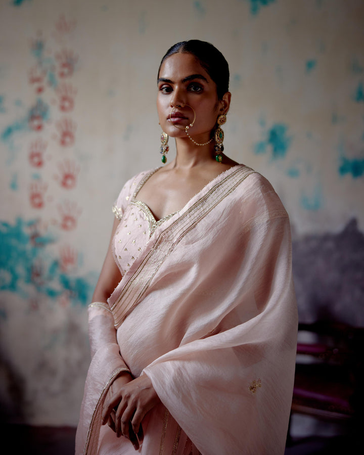 soft peach half and half saree with mega sleeve blouse