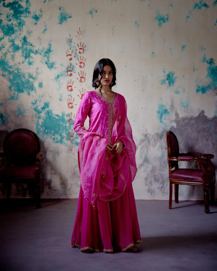 fuchsia pink center open short kurta set