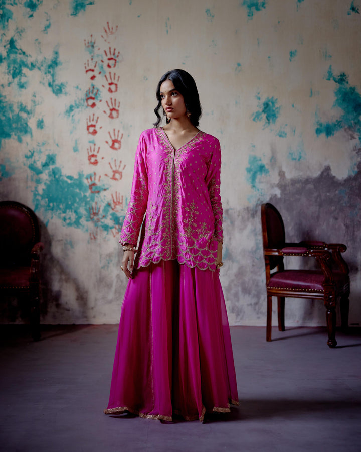 fuchsia pink center open short kurta set