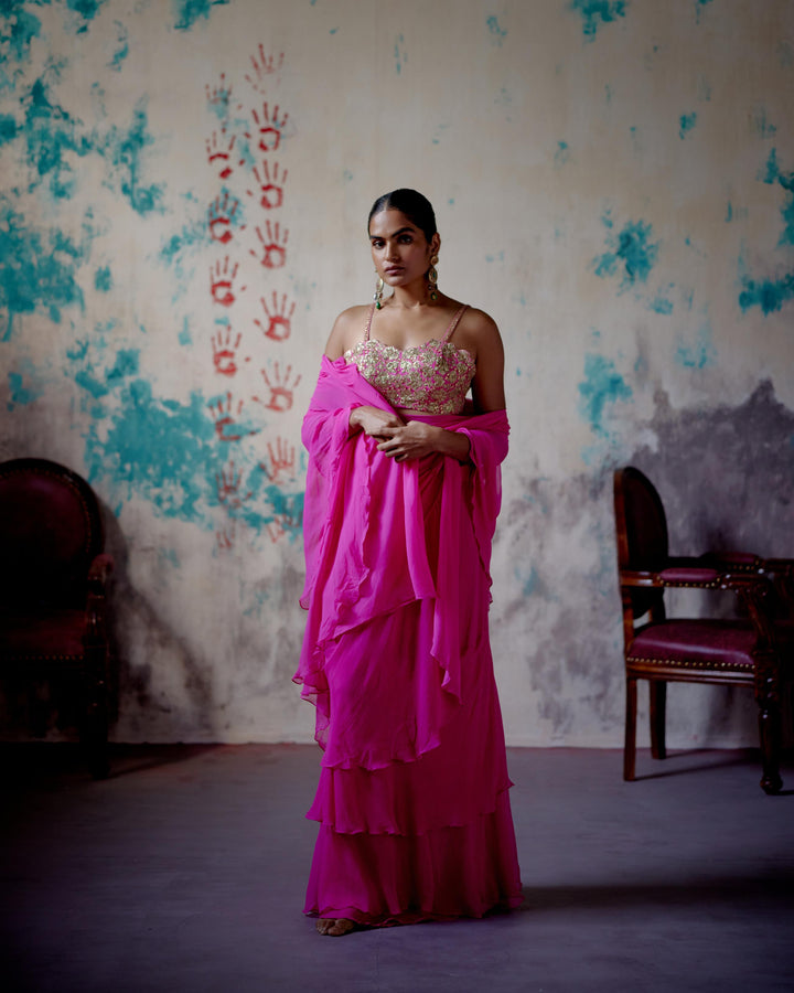 fuchsia pink drape saree with bralet blouse