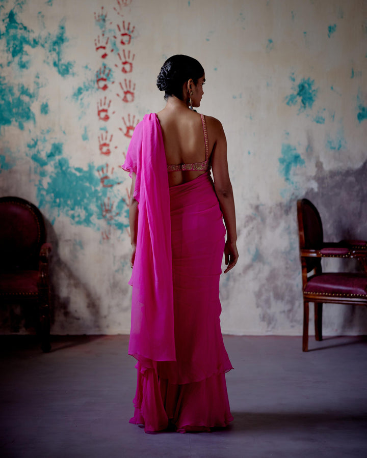 fuchsia pink drape saree with bralet blouse