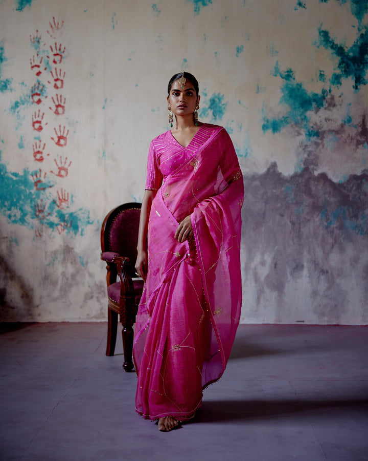 fuchsia pink zari organza saree with blouse