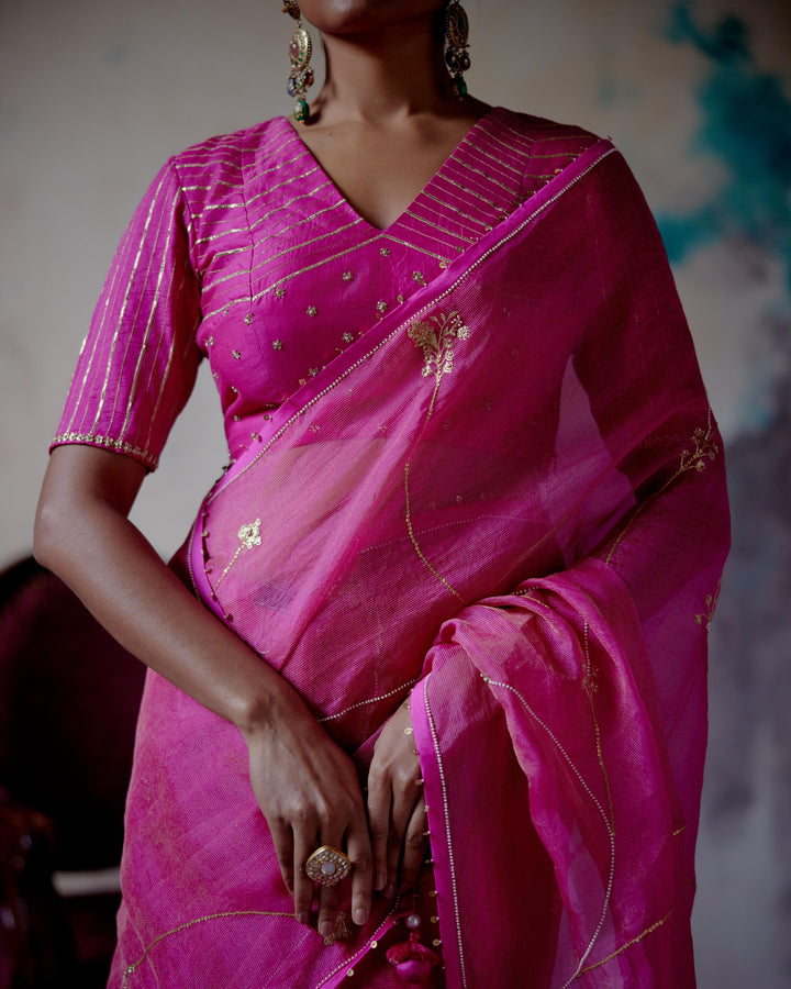 fuchsia pink zari organza saree with blouse