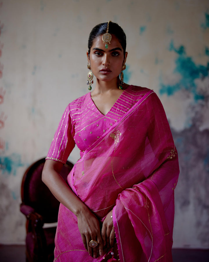 fuchsia pink zari organza saree with blouse