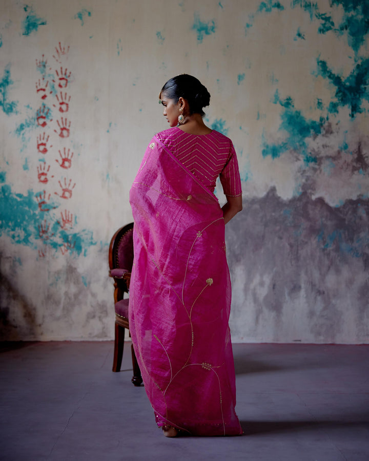 fuchsia pink zari organza saree with blouse
