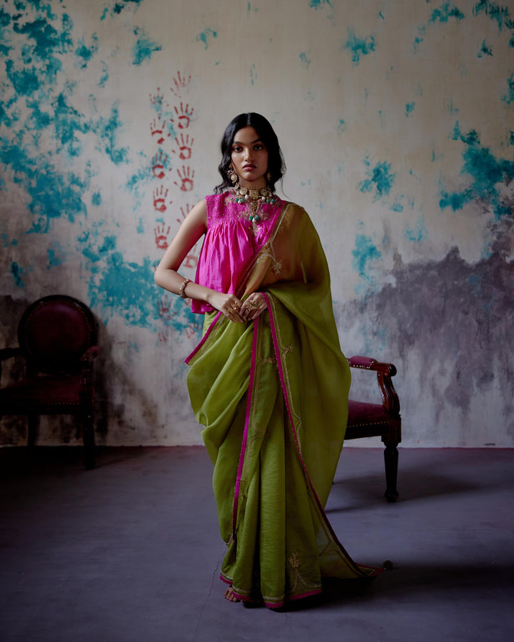olive half and half saree with long blouse
