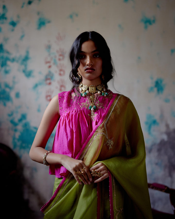olive half and half saree with long blouse