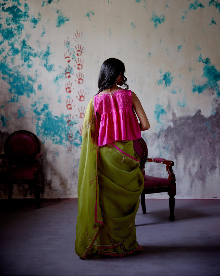 olive half and half saree with long blouse