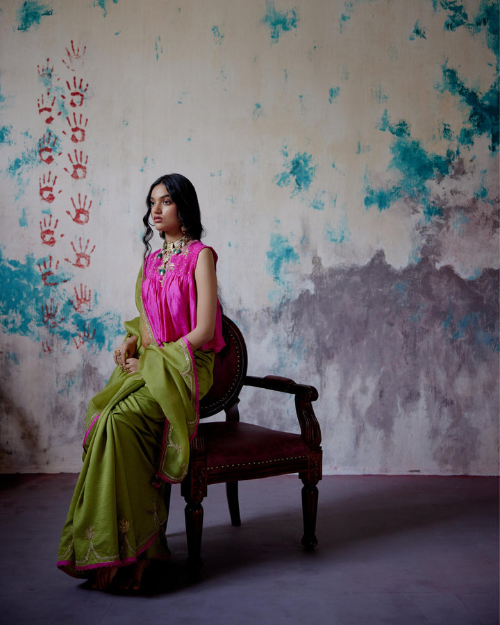 olive half and half saree with long blouse