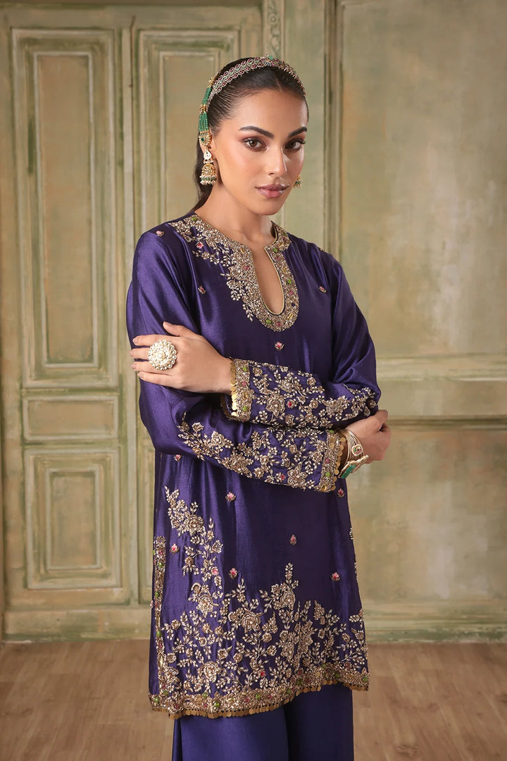 Zar-Rang Purple Short Jaal Kurta Set