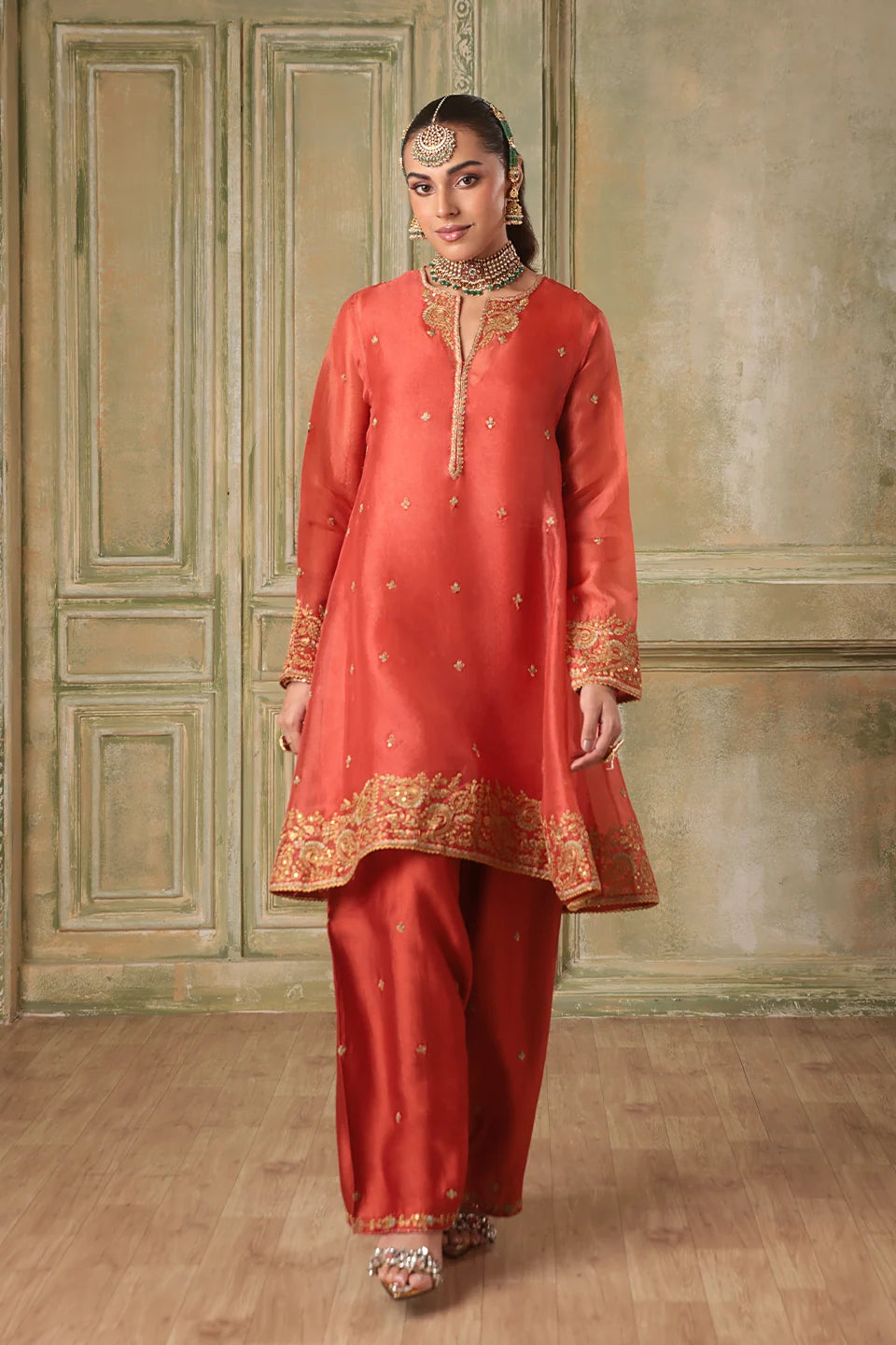 Zar-Rang Orange Short Pheran Kurta Set