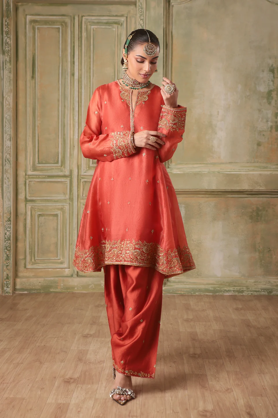 Zar-Rang Orange Short Pheran Kurta Set