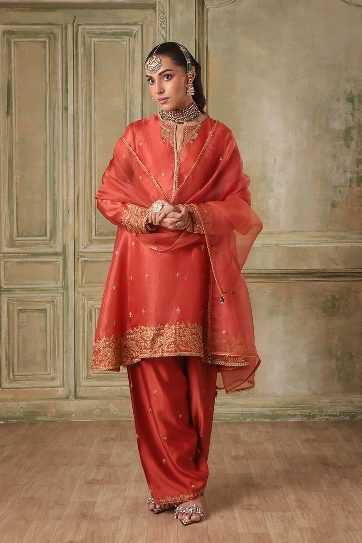 Zar-Rang Orange Short Pheran Kurta Set