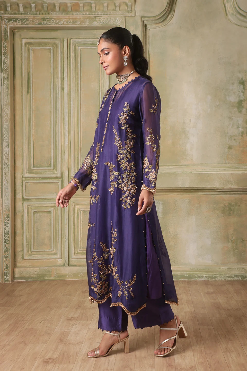 Zar-Rang Purple Multicolor Jaal Kurta Set