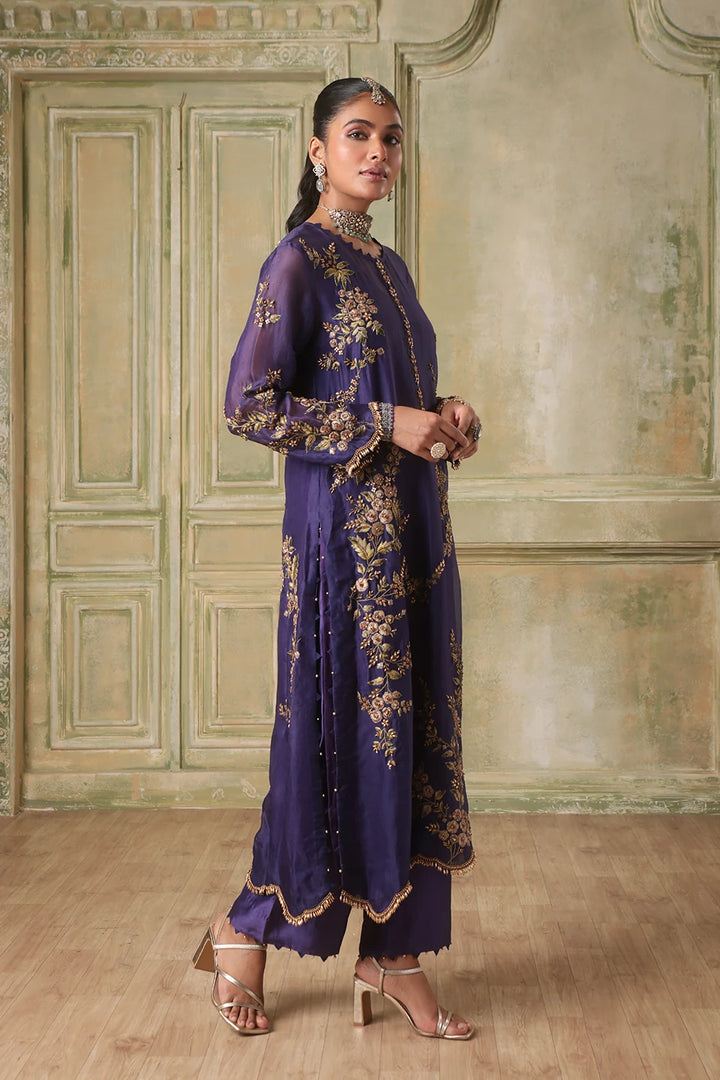 Zar-Rang Purple Multicolor Jaal Kurta Set