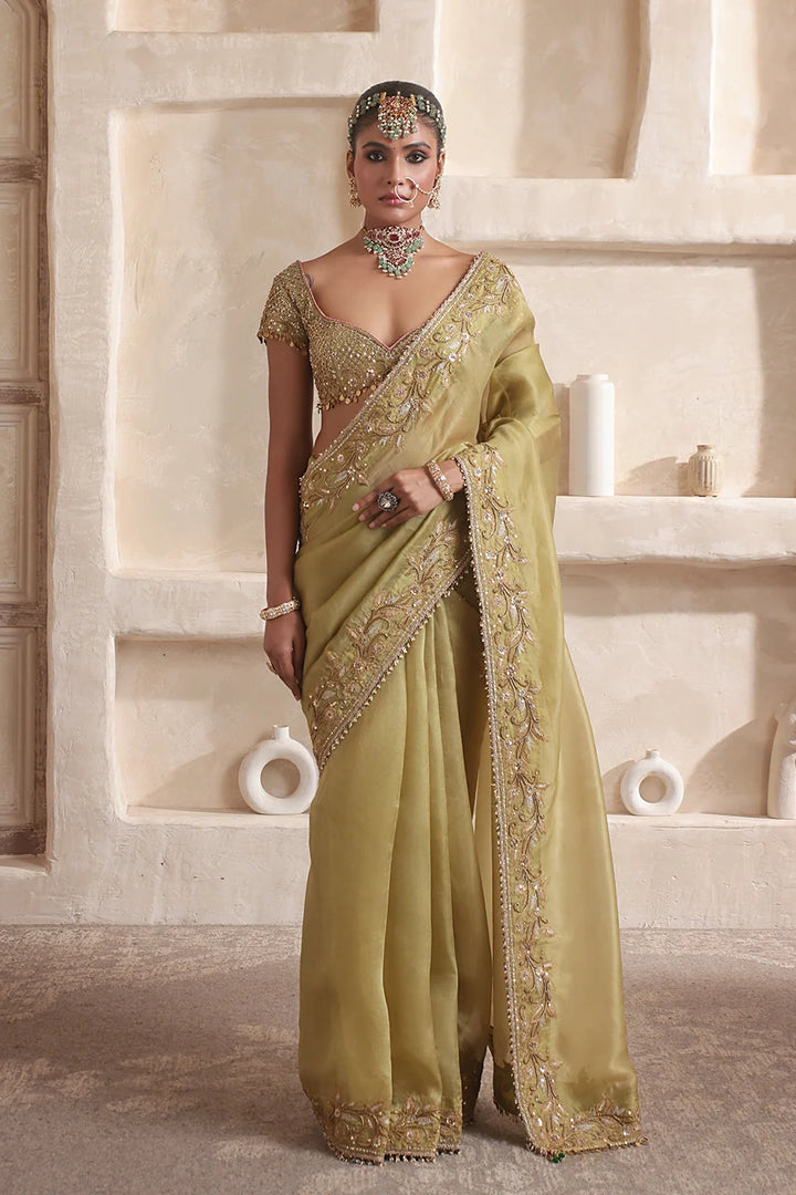 Zar-Rang Olive Green Zardosi Border Saree Set
