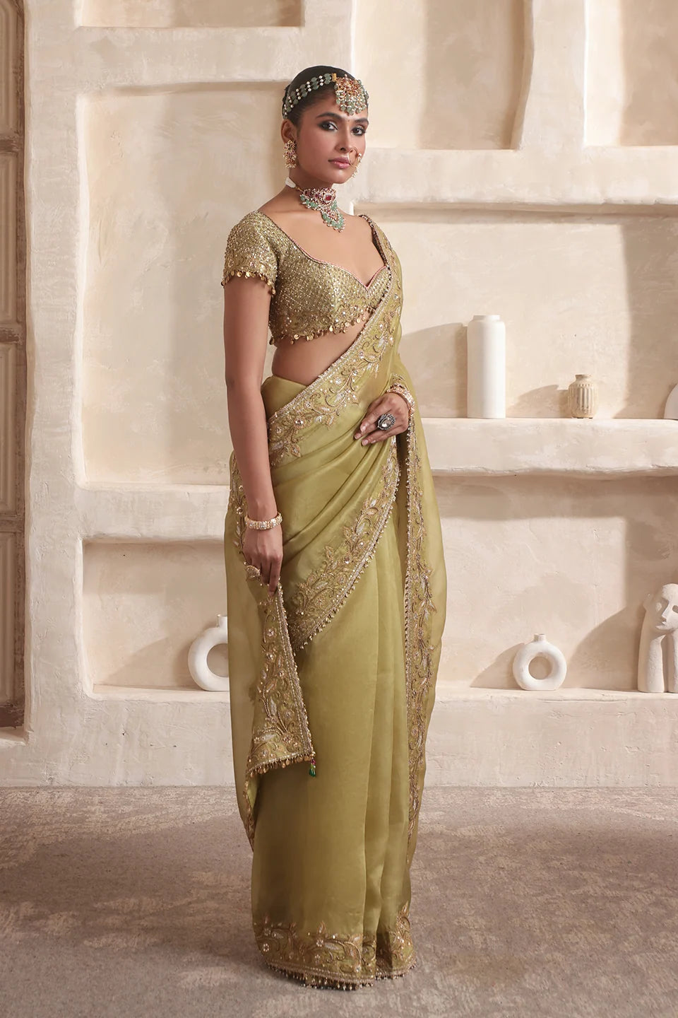 Zar-Rang Olive Green Zardosi Border Saree Set