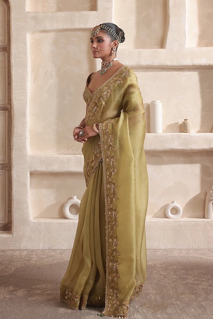 Zar-Rang Olive Green Zardosi Border Saree Set