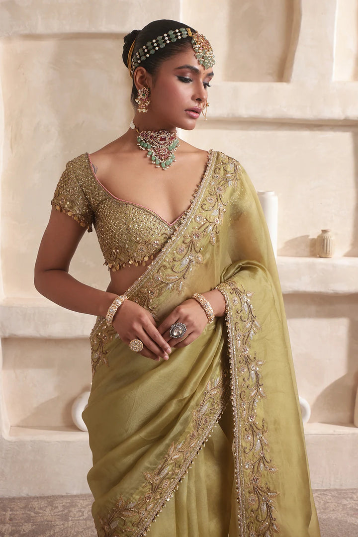Zar-Rang Olive Green Zardosi Border Saree Set