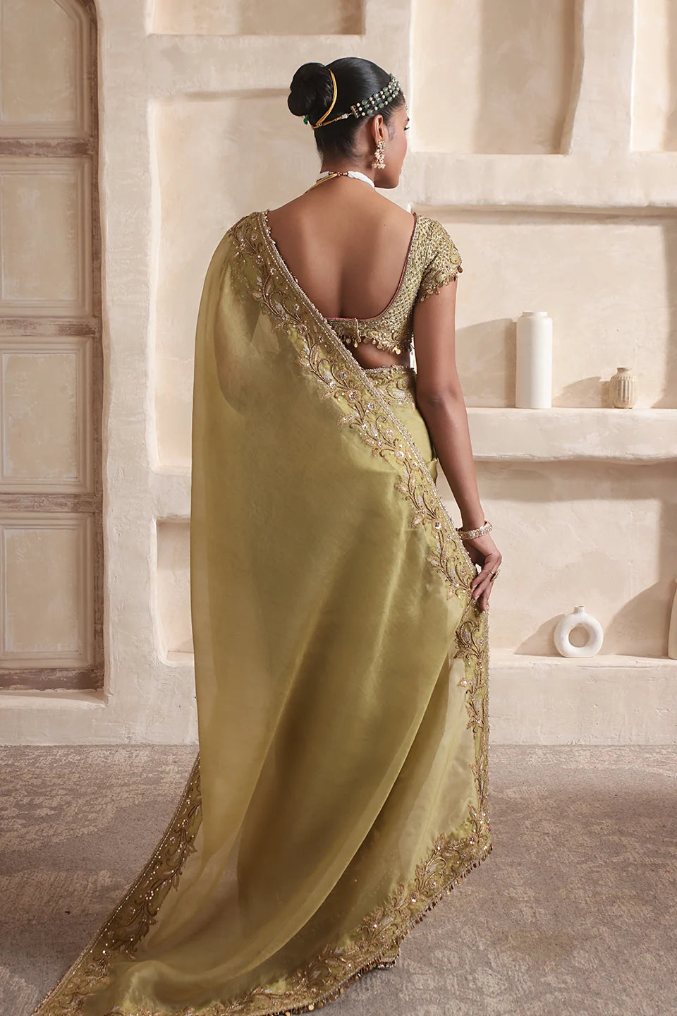 Zar-Rang Olive Green Zardosi Border Saree Set