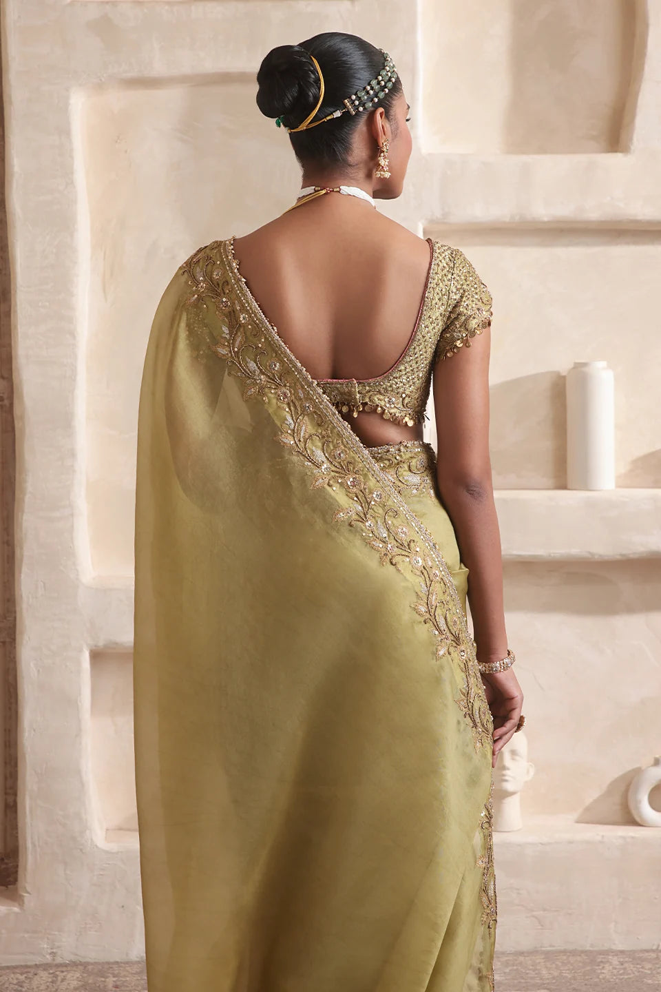 Zar-Rang Olive Green Zardosi Border Saree Set