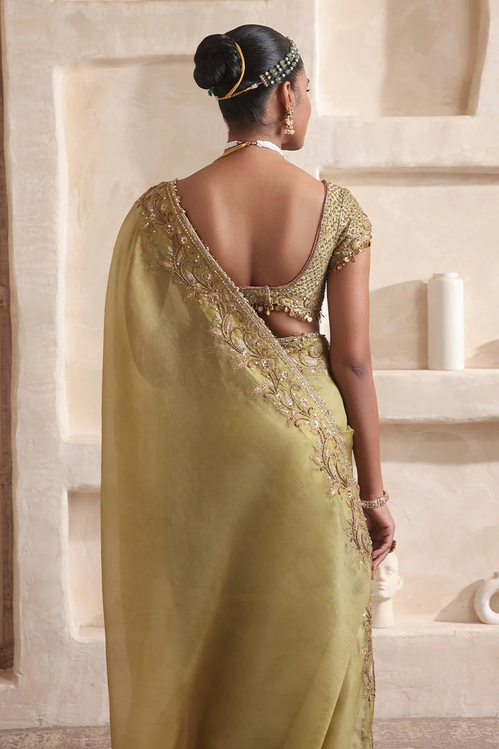Zar-Rang Olive Green Zardosi Border Saree Set