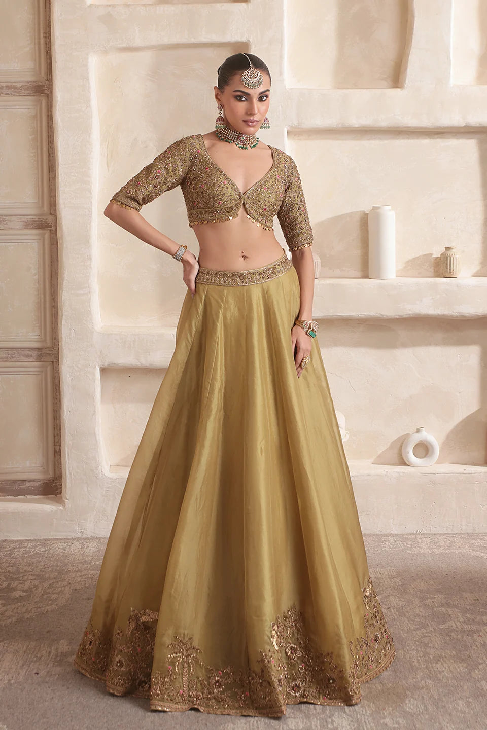 Zar-Rang Olive Green Pakhi Lehenga Set