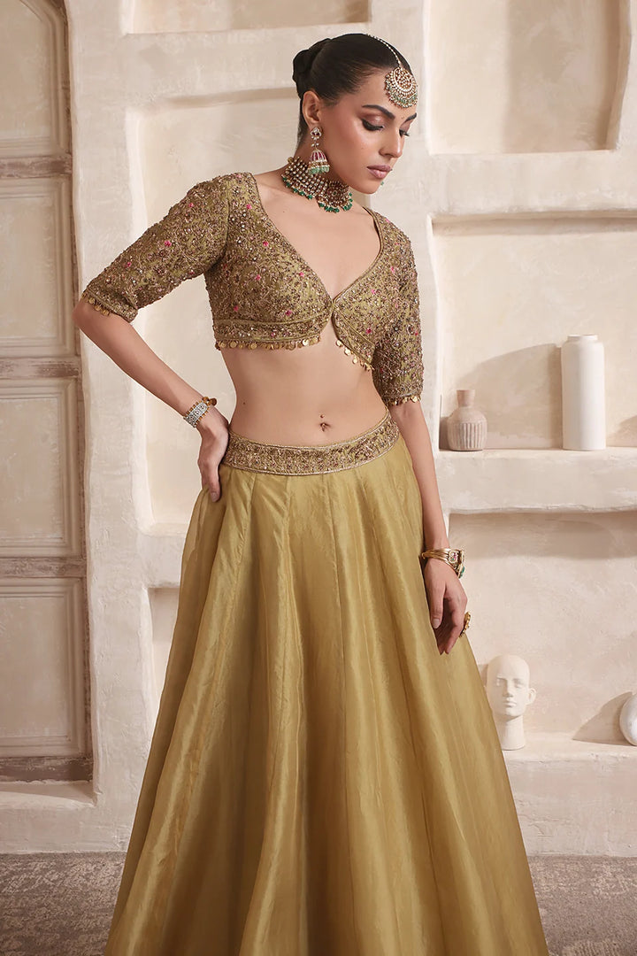 Zar-Rang Olive Green Pakhi Lehenga Set