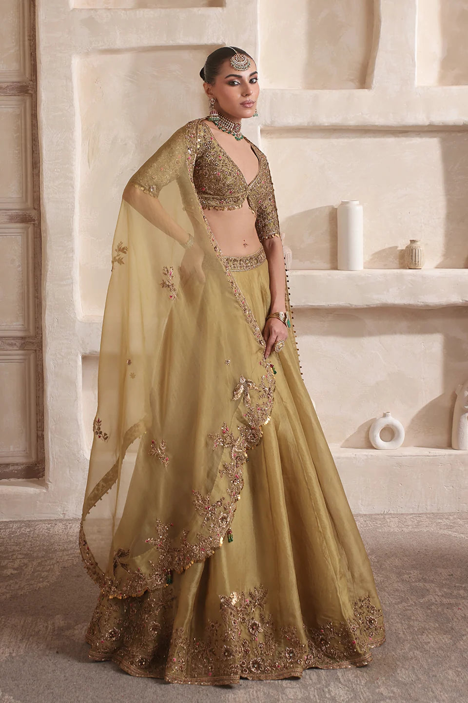 Zar-Rang Olive Green Pakhi Lehenga Set
