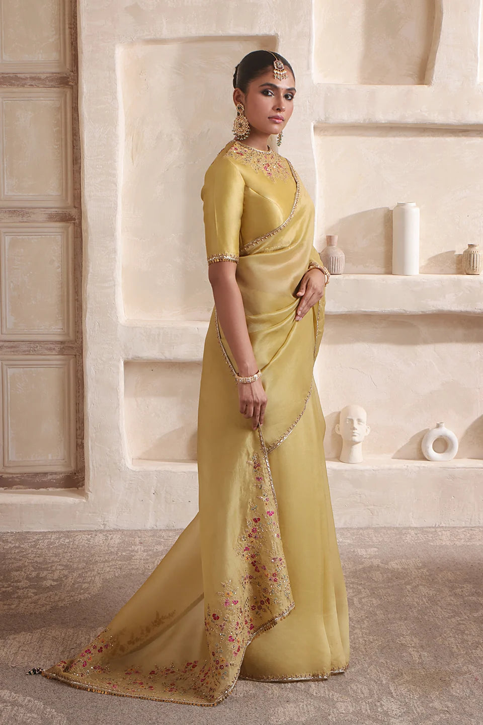 Zar-Rang Olive Green Multicolor Resham Saree Set