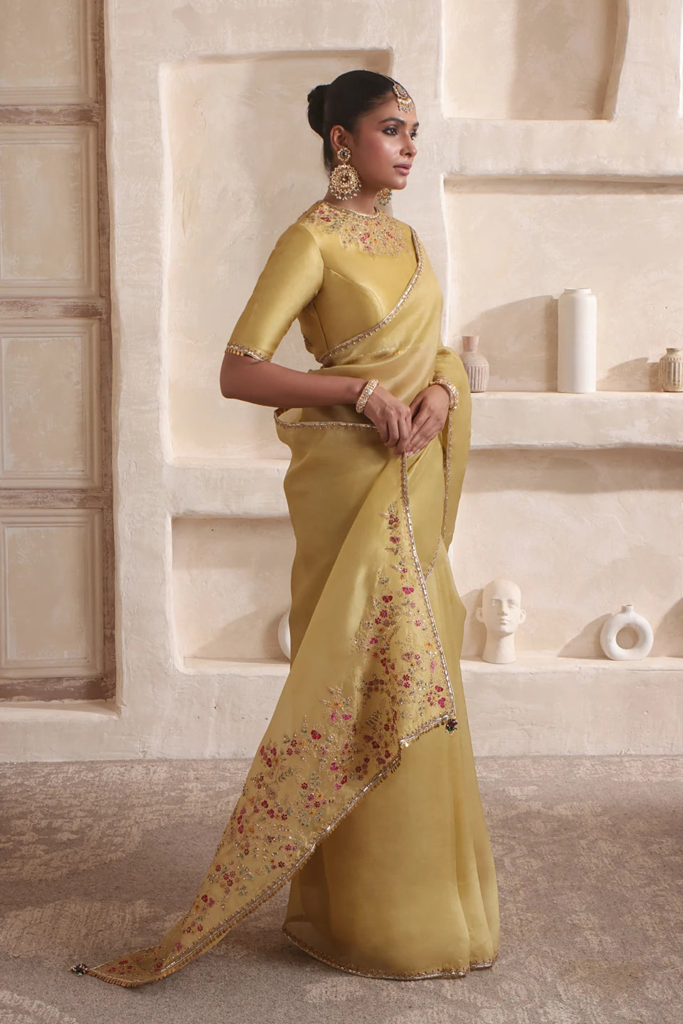 Zar-Rang Olive Green Multicolor Resham Saree Set