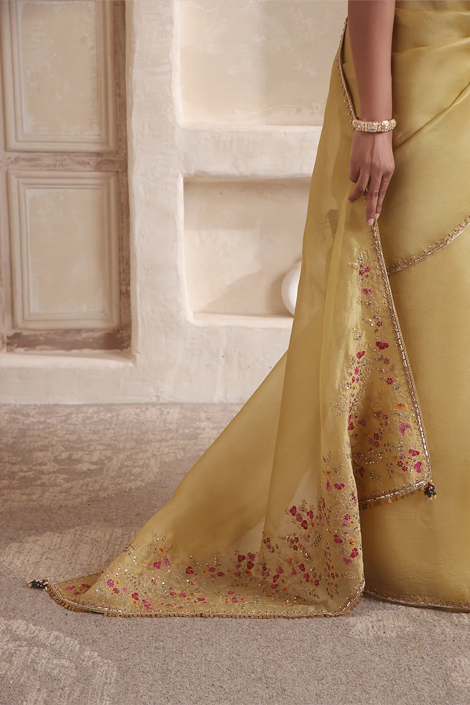 Zar-Rang Olive Green Multicolor Resham Saree Set