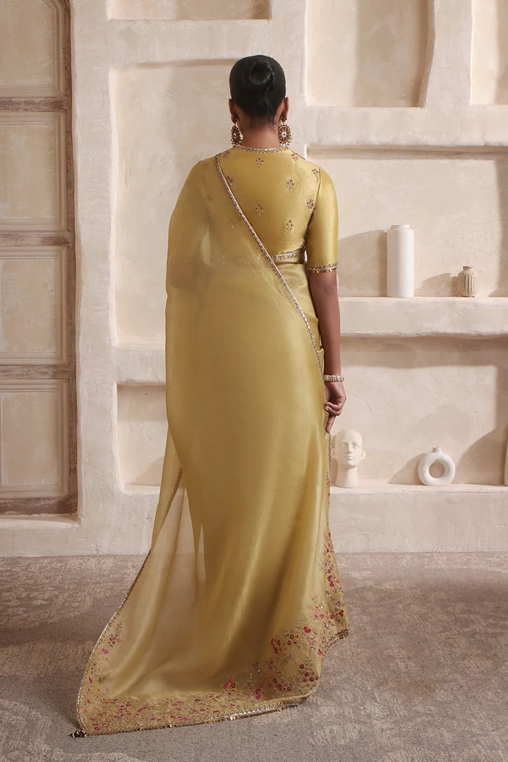 Zar-Rang Olive Green Multicolor Resham Saree Set