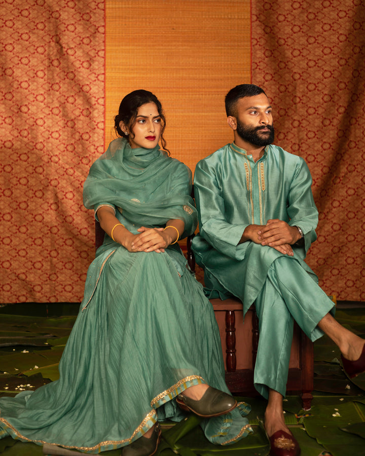 teal blue hand embroidered short kurta with skirt