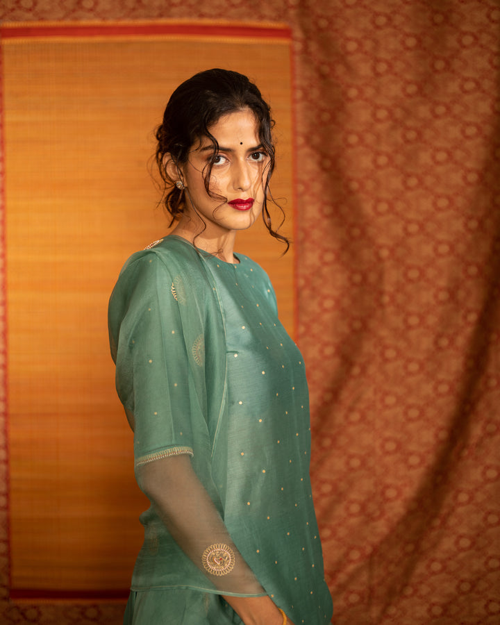 teal blue hand embroidered short kurta with skirt
