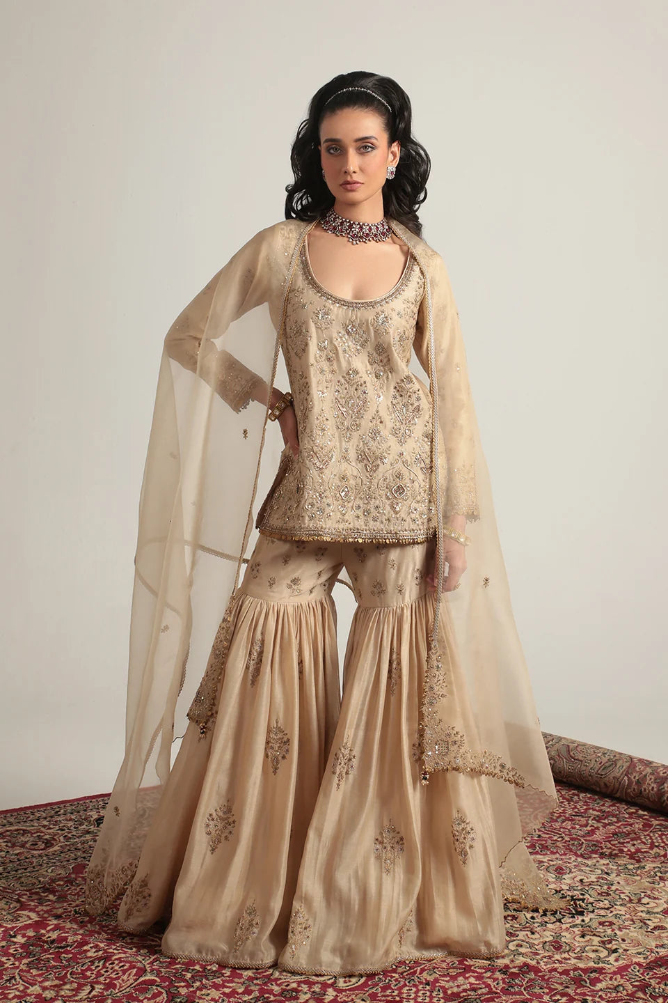Zar-Rang Ivory Sharara Set
