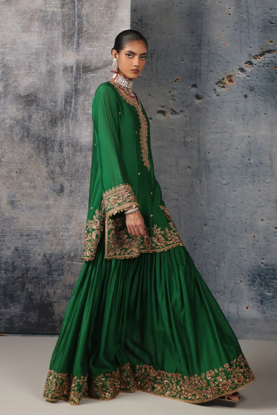 Zar-Rang Green Heavy Sharara Set