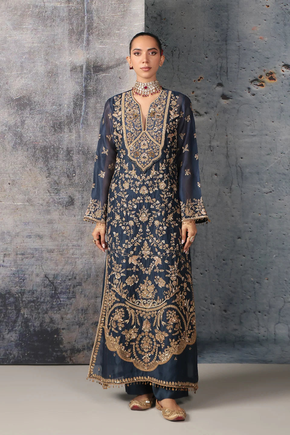 Zar-Rang Blue Long Jaal Kurta Set